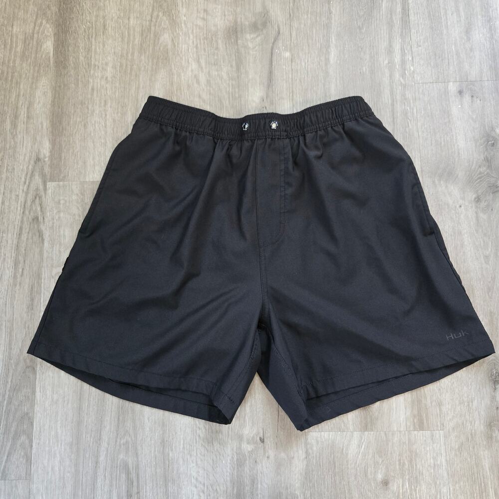 Huk Men's Swim Trunks Shorts Black Large Elastic Waist Pockets Liner
